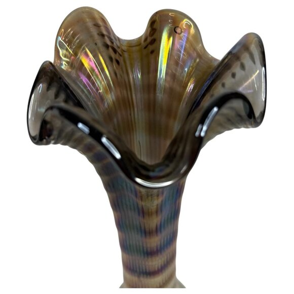 Vintage Imperial Ribbed Carnival Glass Swung Vase Iridescent Brown Purple Clear - Picture 5 of 11